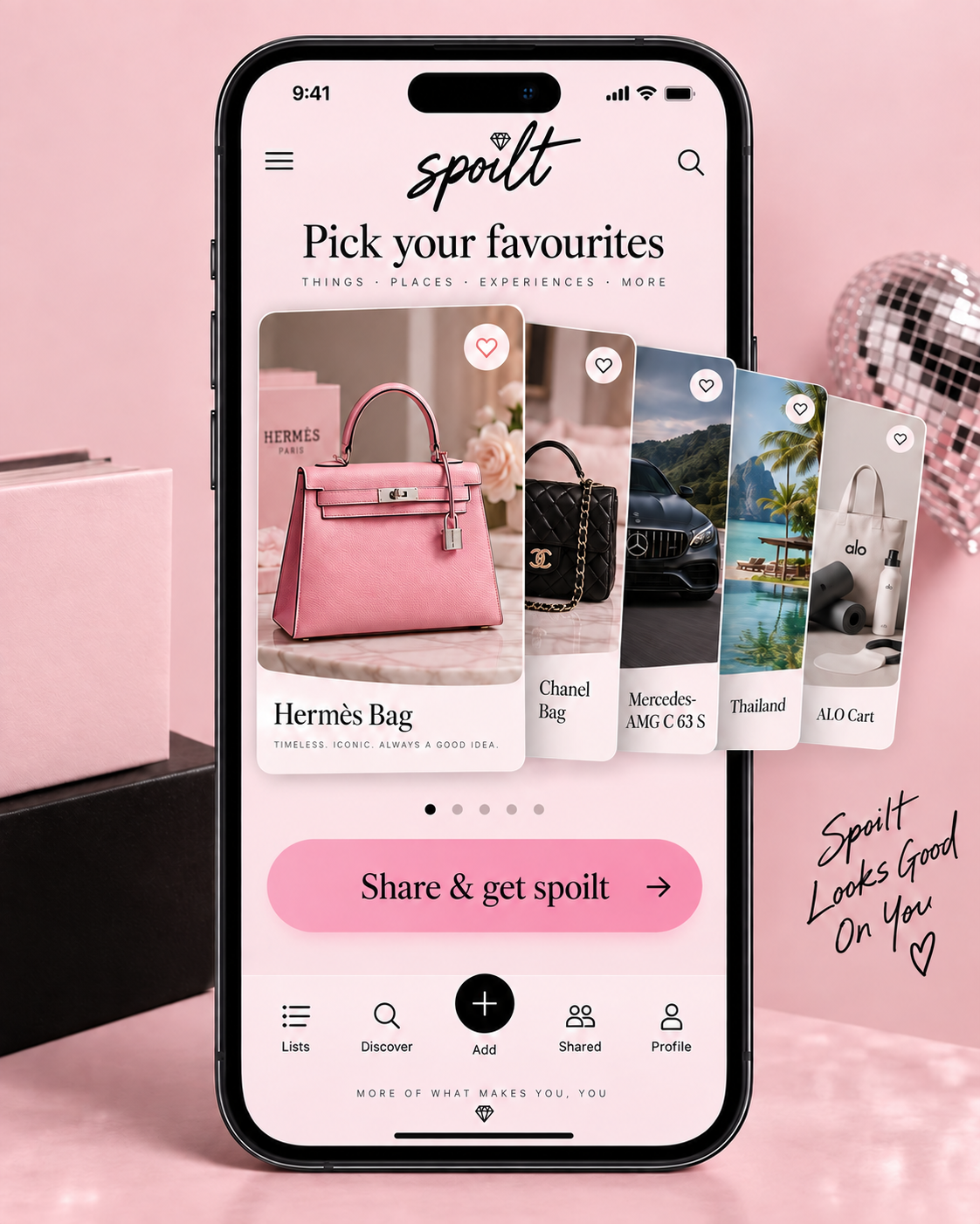spoilt app showing curated wishlist cards